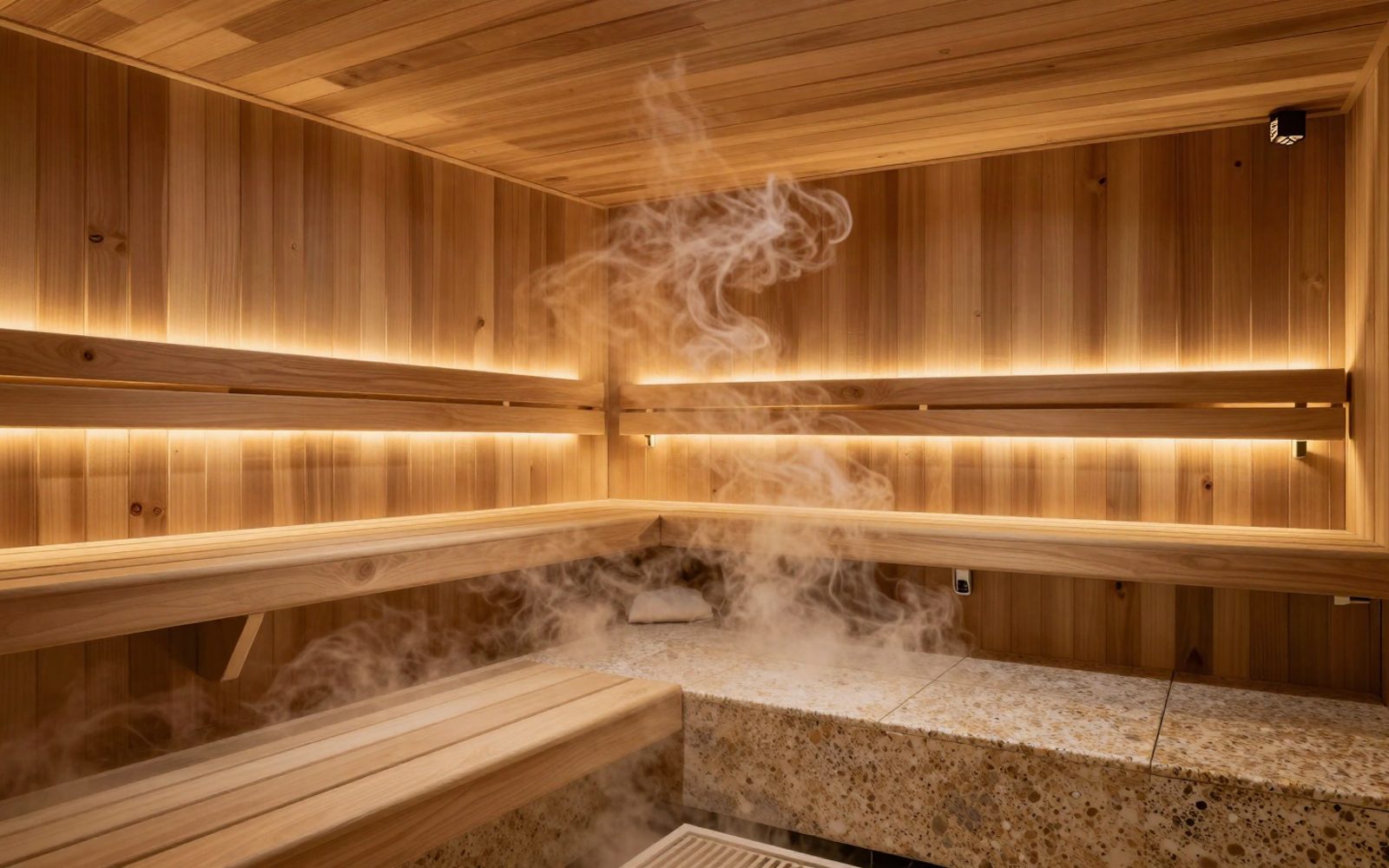 A cedar sauna glowing amber